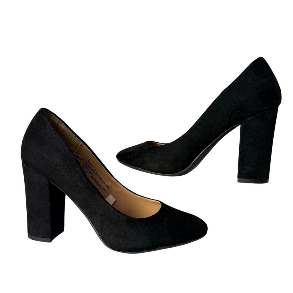 A New Day Black Pumps Faux Suede Block-Heel Size 6 Almond Toe Minimalist Chic